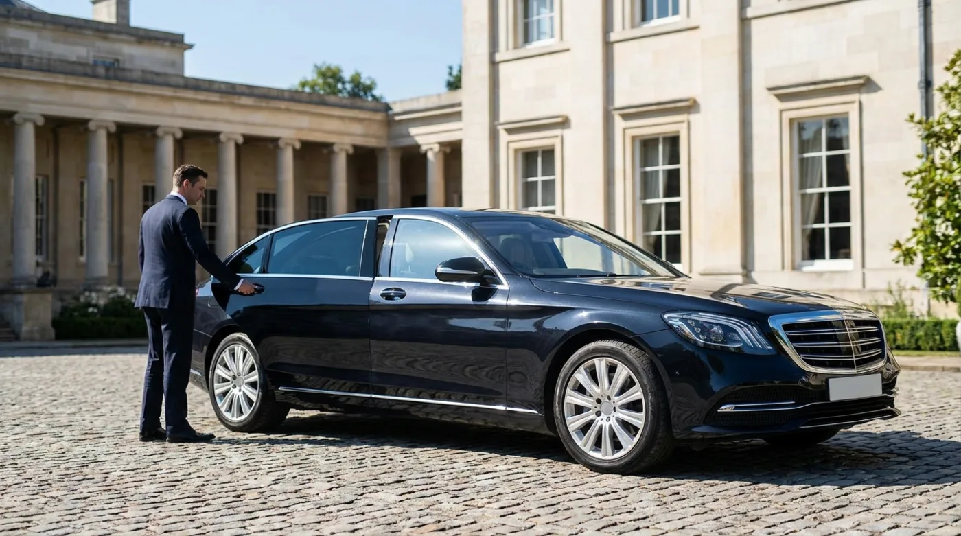 Schwarze First-Class-Limousine bei Sonnenschein vor eleganter Architektur