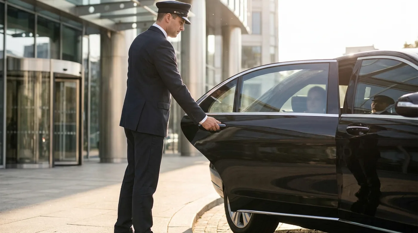 Chauffeur öffnet die Tür einer schwarzen Limousine an einem hellen Morgen